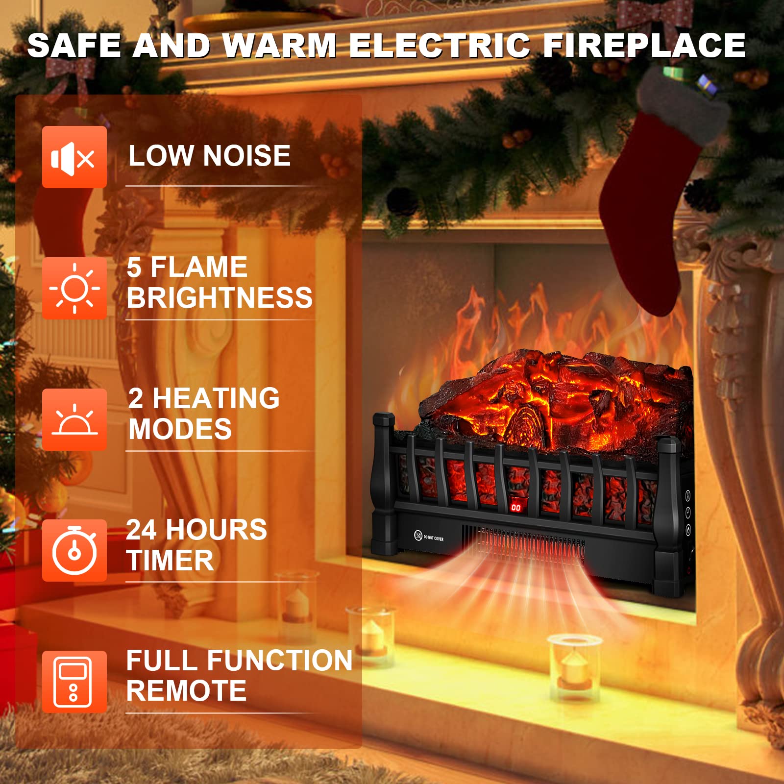 Electric Fireplace Logs Inserts Heater 24 hour timer feature
