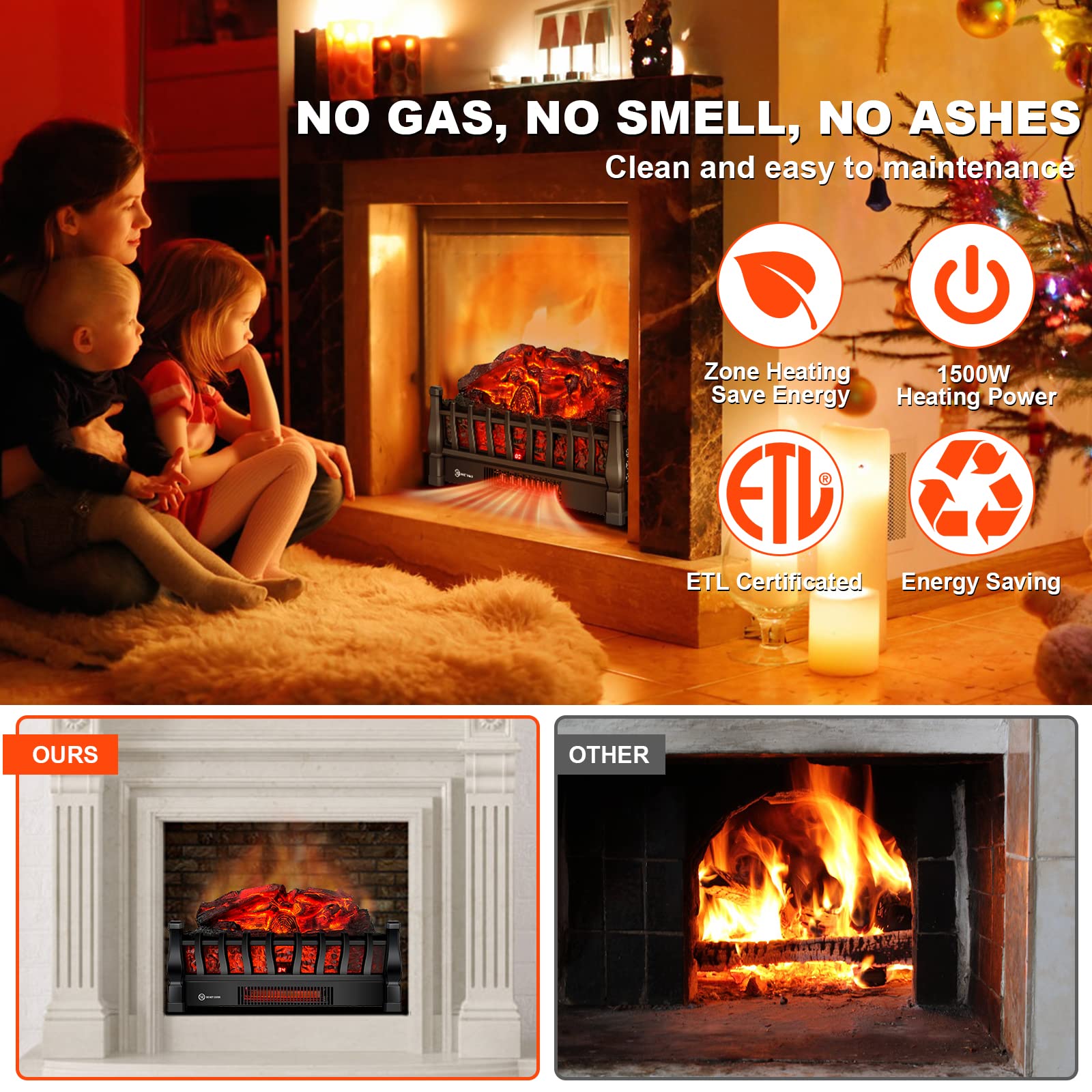 Electric Fireplace Logs Inserts Heater overheat protection ETL