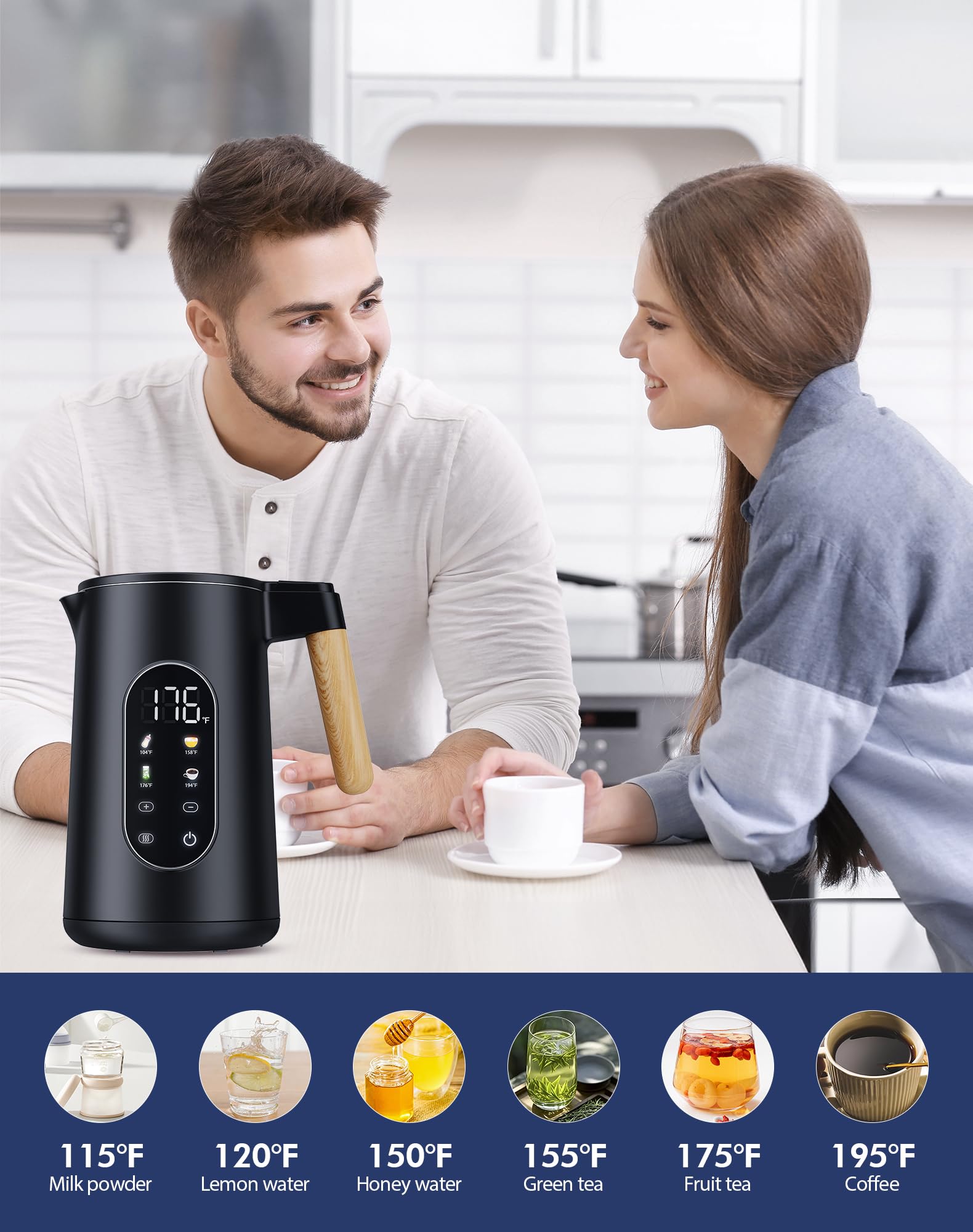 digital display shows temperature on electric kettle