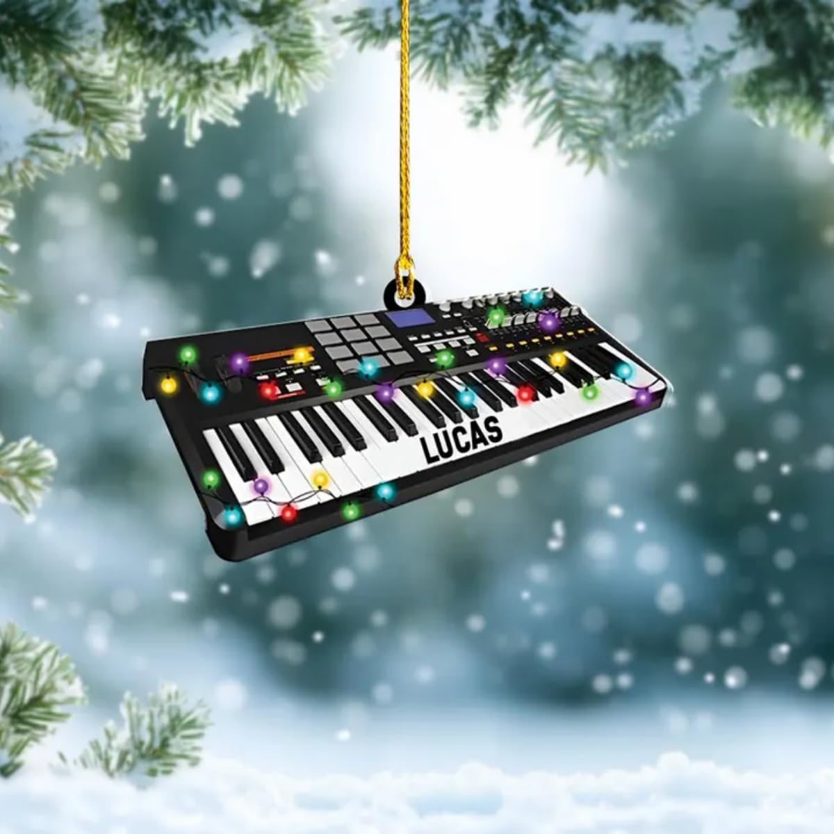 Electric keyboard ornament with festive lights side angle