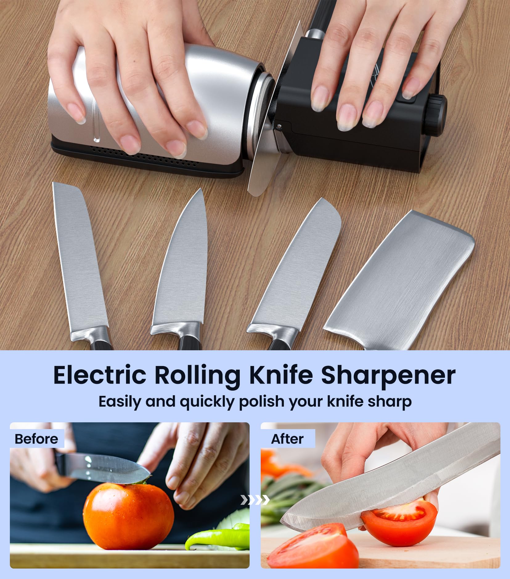 Electric knife sharpener with five discs laid out