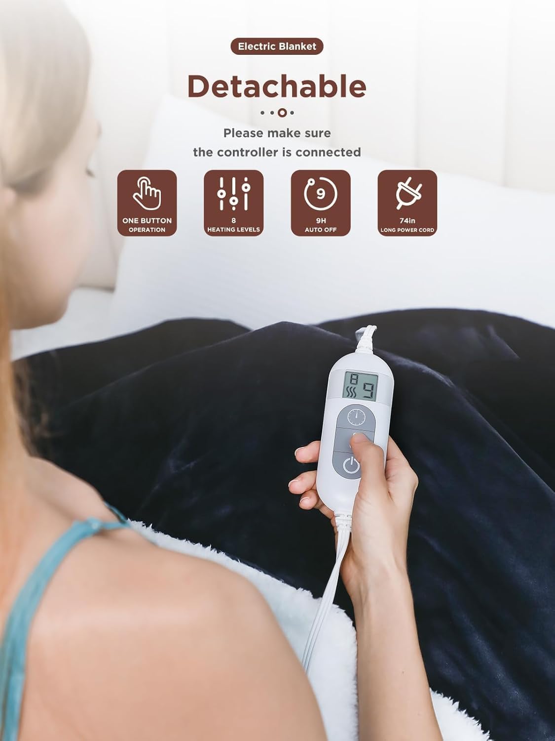 Electric throw blanket shows 8 heating levels