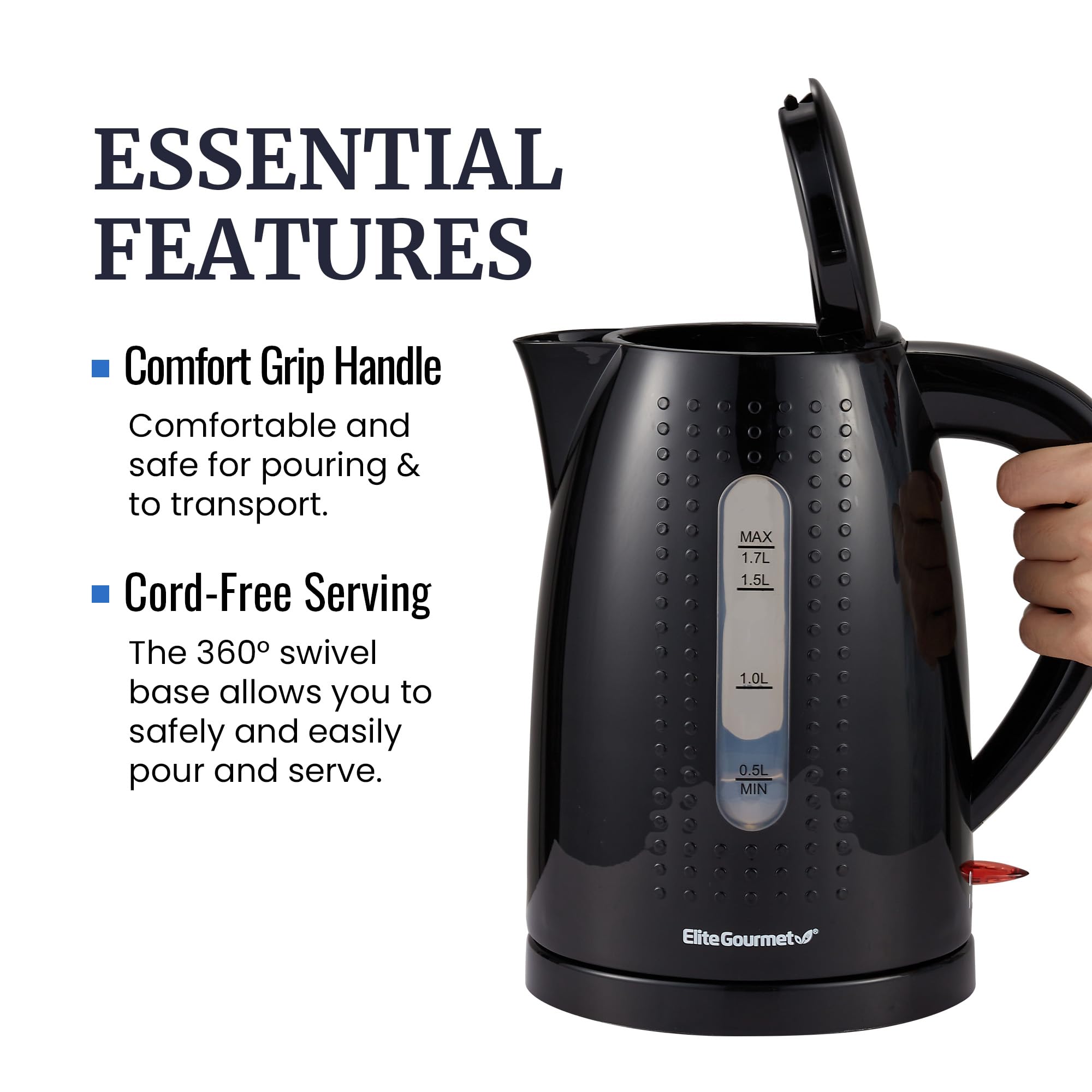 Black Elite Gourmet EKT5051 electric kettle with base