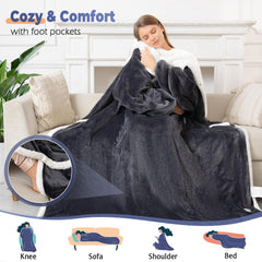 Foot pockets included in wearable blanket