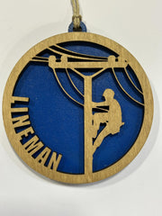Lineman ornament for electrical workers with blue back layer
