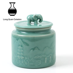 Close up of elephant lid on celadon jar