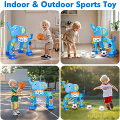 child playing two-sport toddler toy with elephant design
