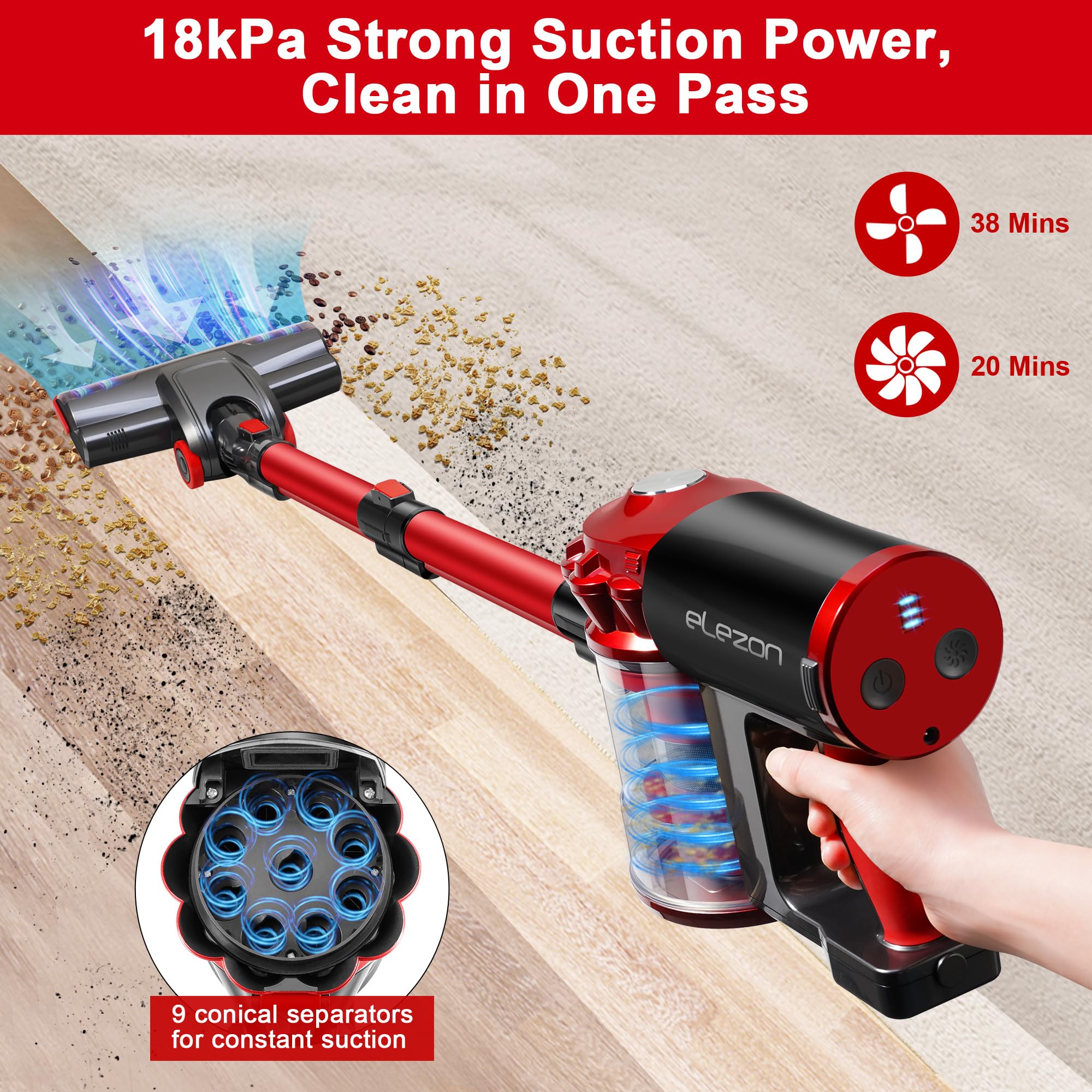 elezon A200 stick vacuum with LED head and attachments