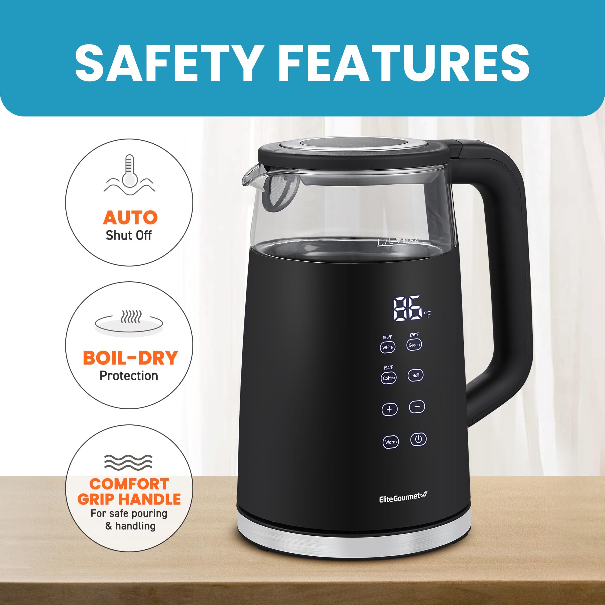 Keep Warm up to 2 hours feature on Elite Gourmet 1.7L kettle
