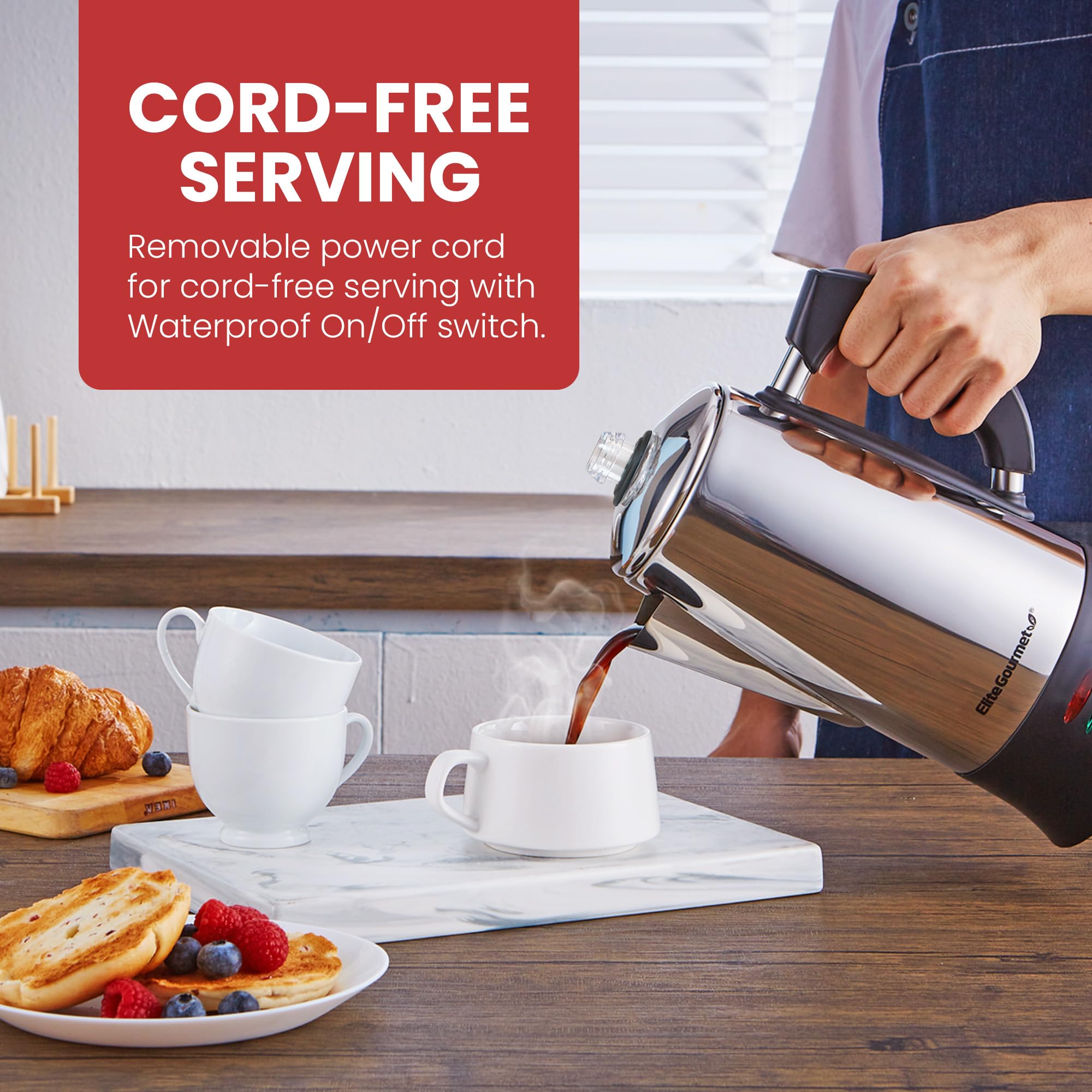 Drip-free pouring spout on Elite Gourmet 12-Cup Electric Coffee Percolator