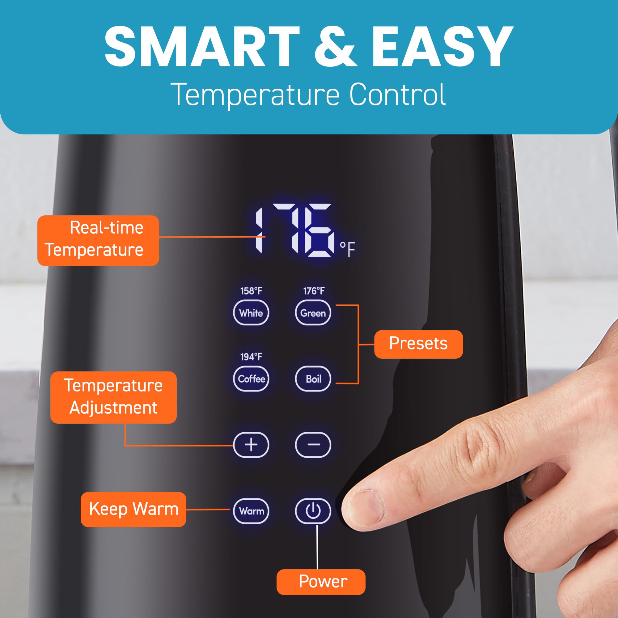 Pre-programmed temperatures on Elite Gourmet kettle