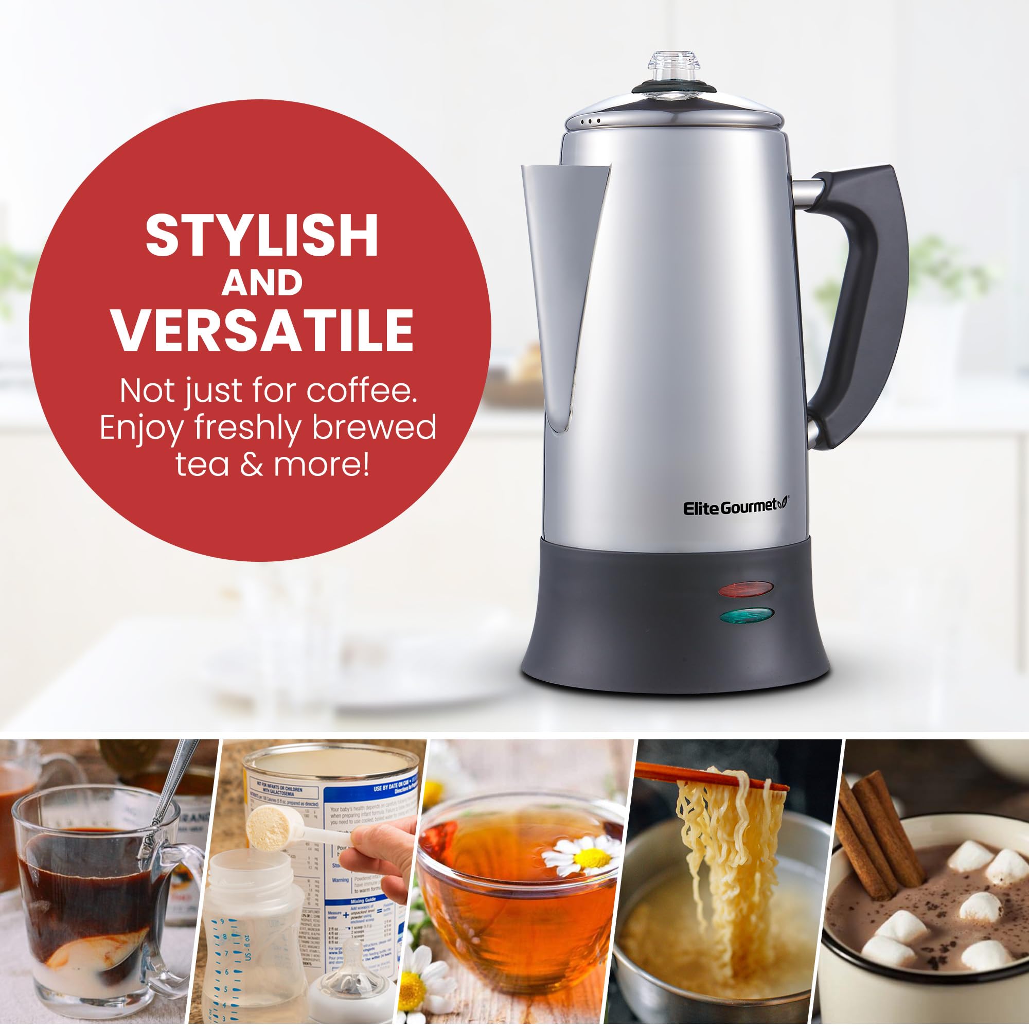 Keep warm feature on Elite Gourmet 12-Cup Electric Coffee Percolator