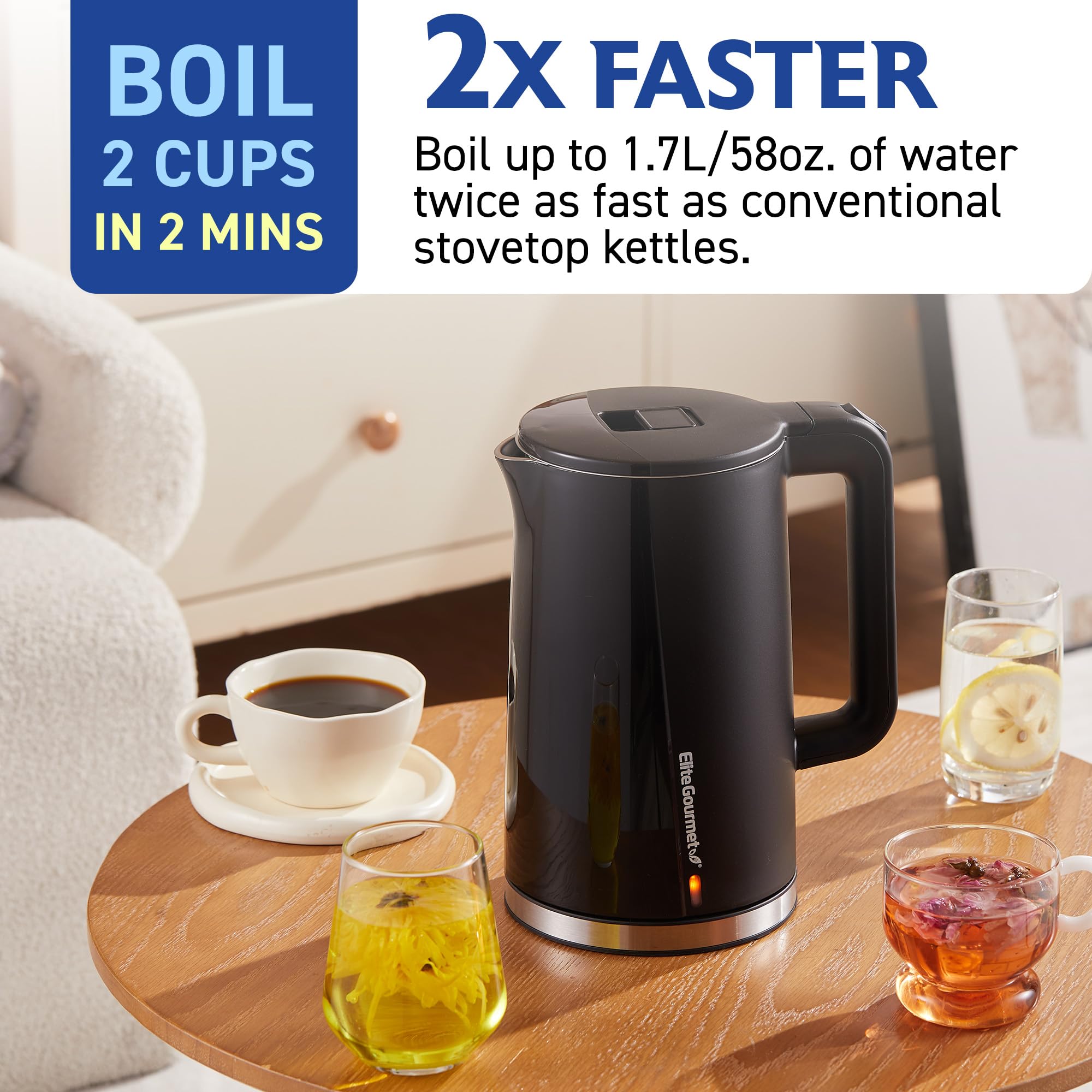 Large pouring spout with free-flow filter on Elite Gourmet kettle