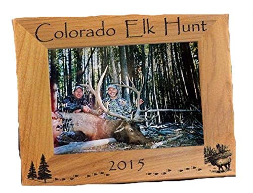 Elk hunt picture frame with engraved elk and trees