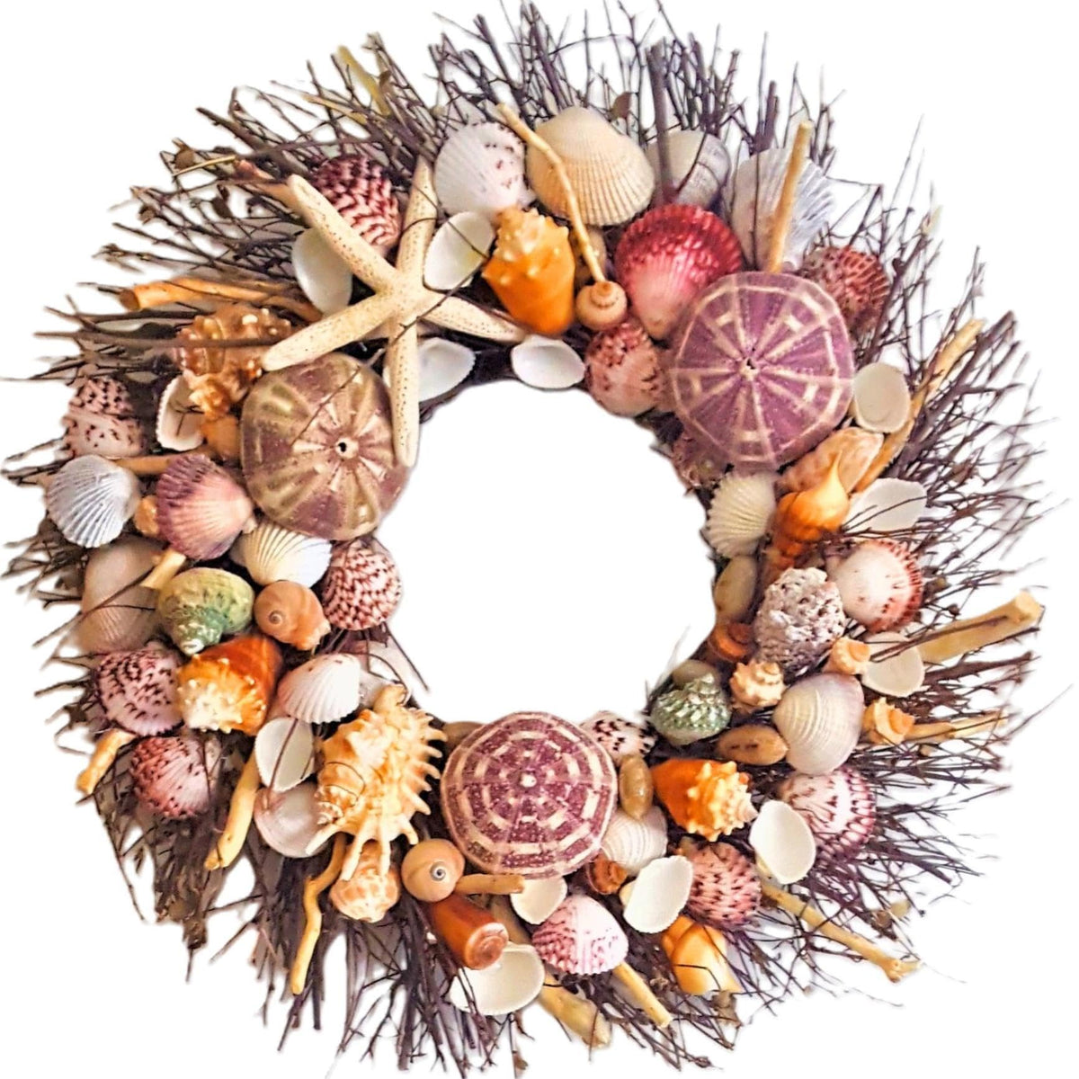 Ellies Collections seashell wreath brown birch twig design 1 with urchins and pencil starfish 22 inch