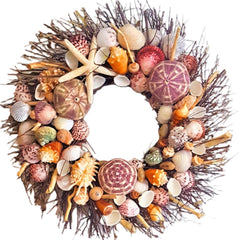 Ellies Collections seashell wreath brown birch twig design 1 with urchins and pencil starfish 22 inch