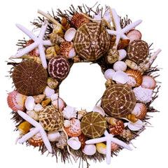 Ellies Collections seashell wreath brown birch twig design 4 with urchins and orange stars 22 inch