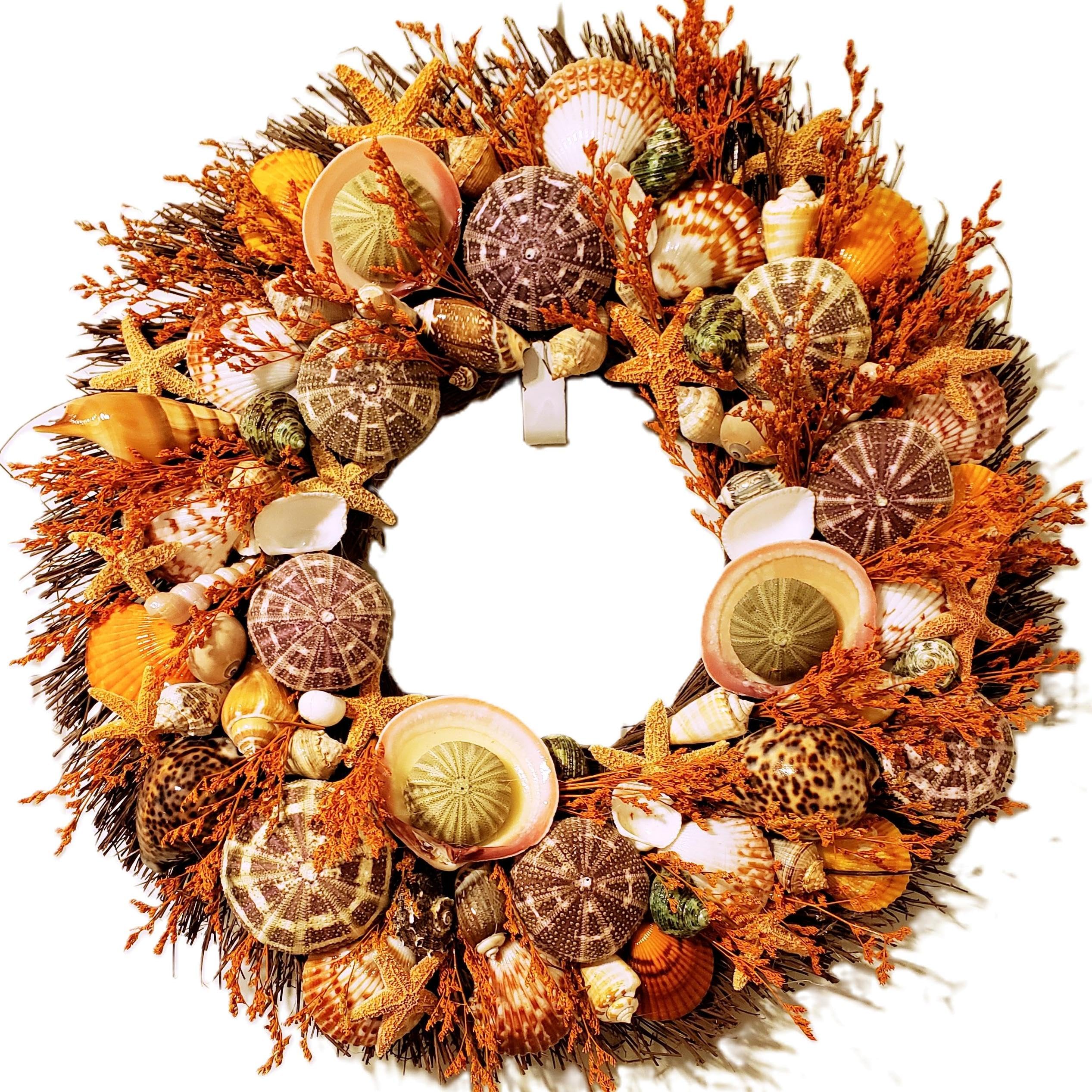 Ellies Collections seashell wreath brown birch twig design 5 with urchins and orange stars 22 inch