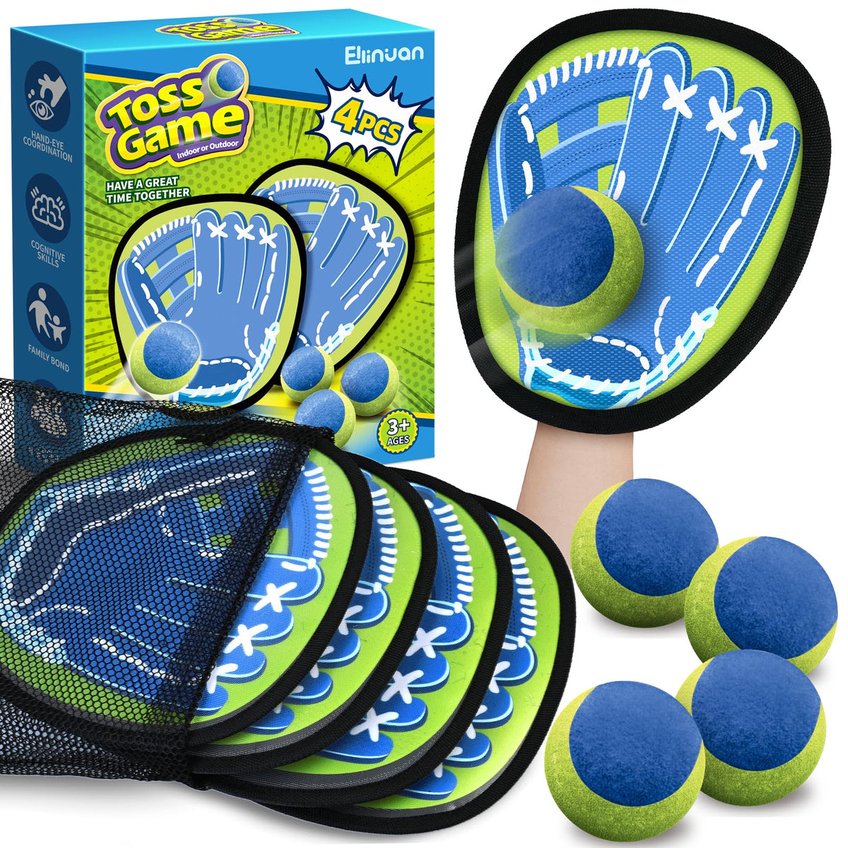 Ellinjan catch ball game set with four paddles and four balls