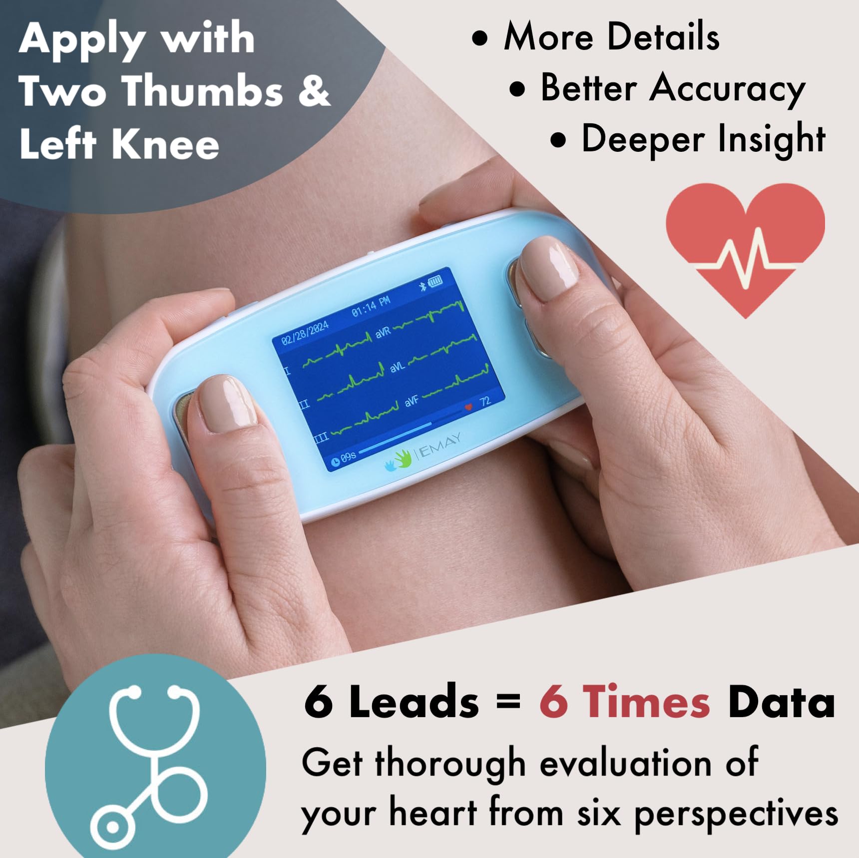 EMAY 6L ECG monitor paired with smartphone via Bluetooth