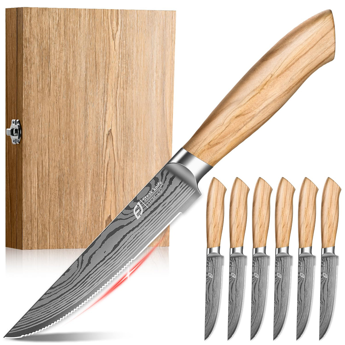 Emojoy steak knives 6 piece set olive wood handles