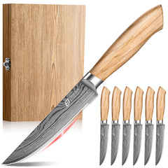 Emojoy steak knives 6 piece set olive wood handles