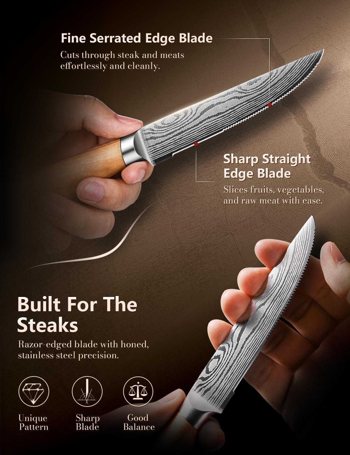 Half-bolster ergonomic Emojoy steak knife handle