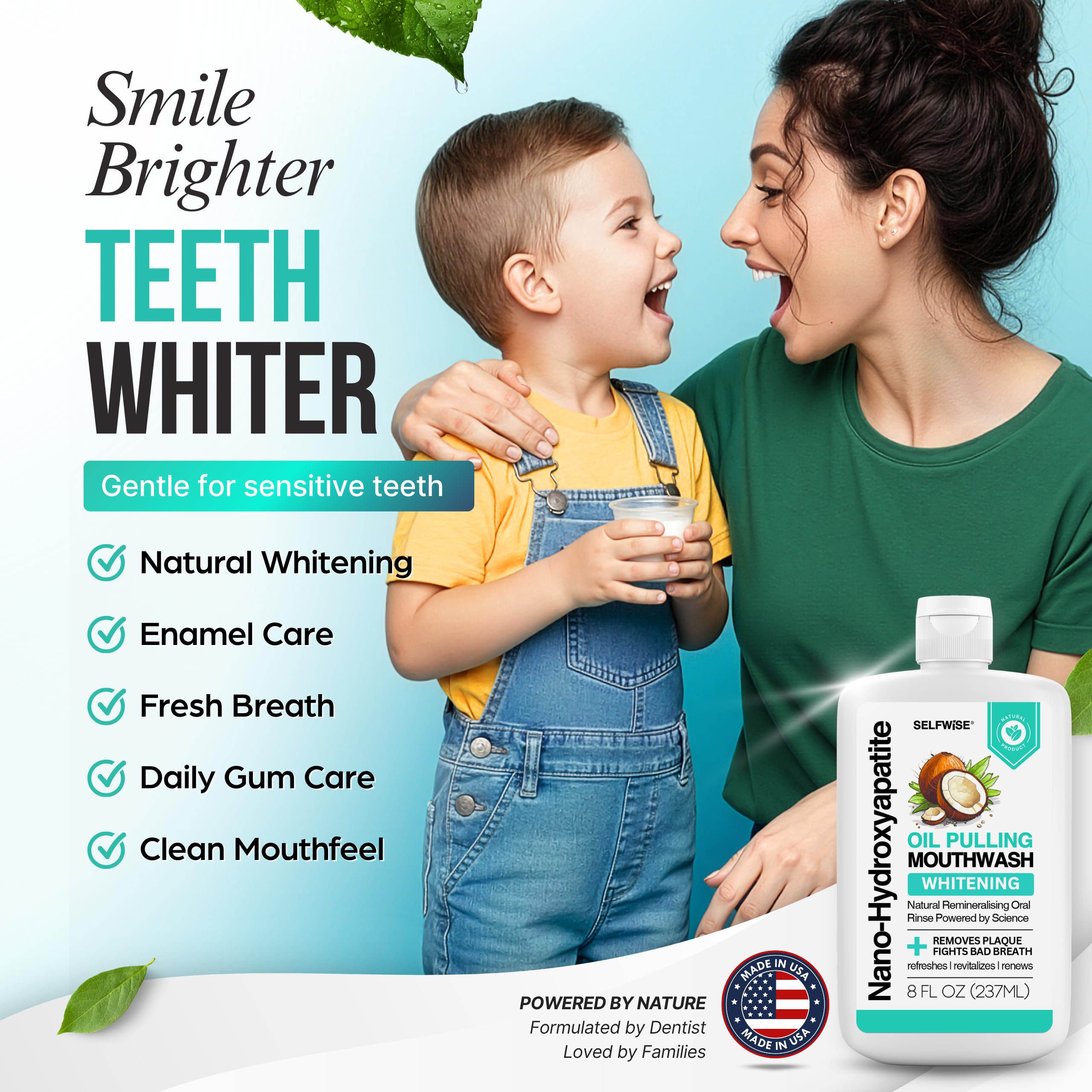 Enamel care whitening mouthwash compatible with crowns fillings veneers braces and retainers