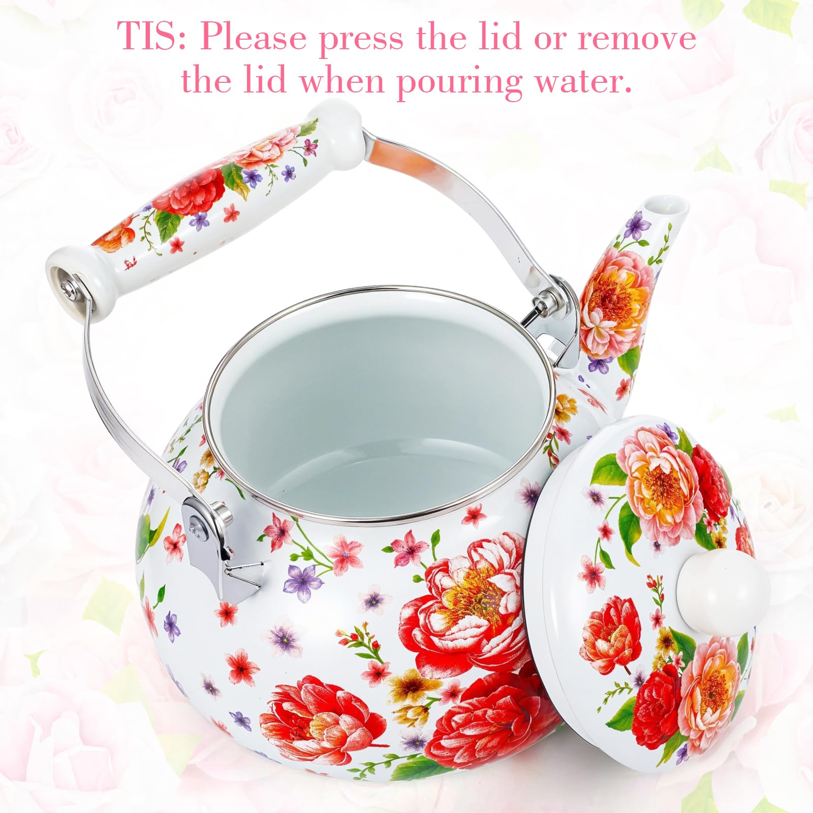 Enamel on steel tea kettle with ceramic handle for stovetop use