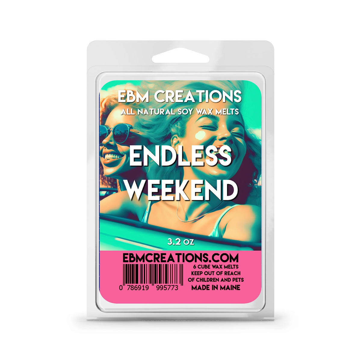 Endless Weekend soy wax melts in a 6 cube clamshell