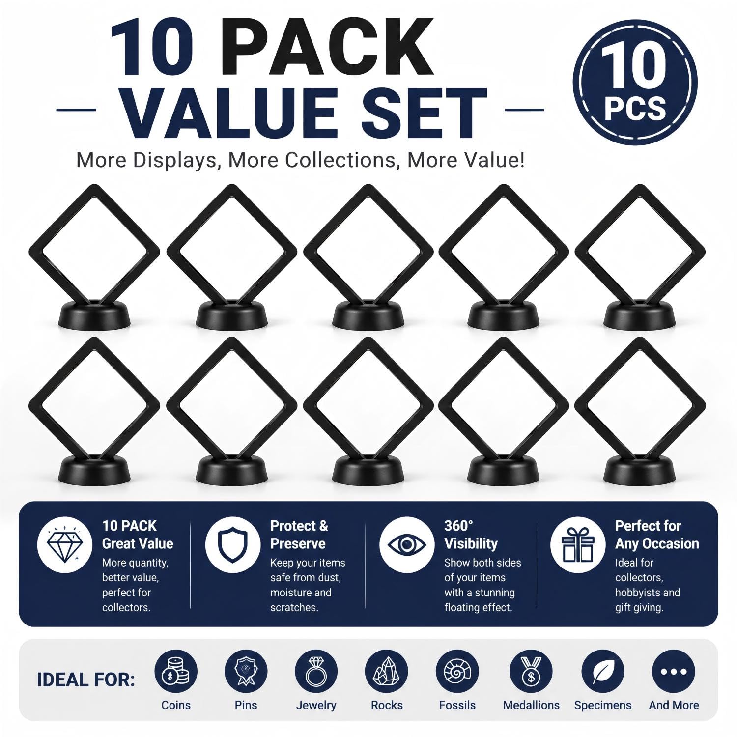 Stack of Enenes black floating display frames with stands