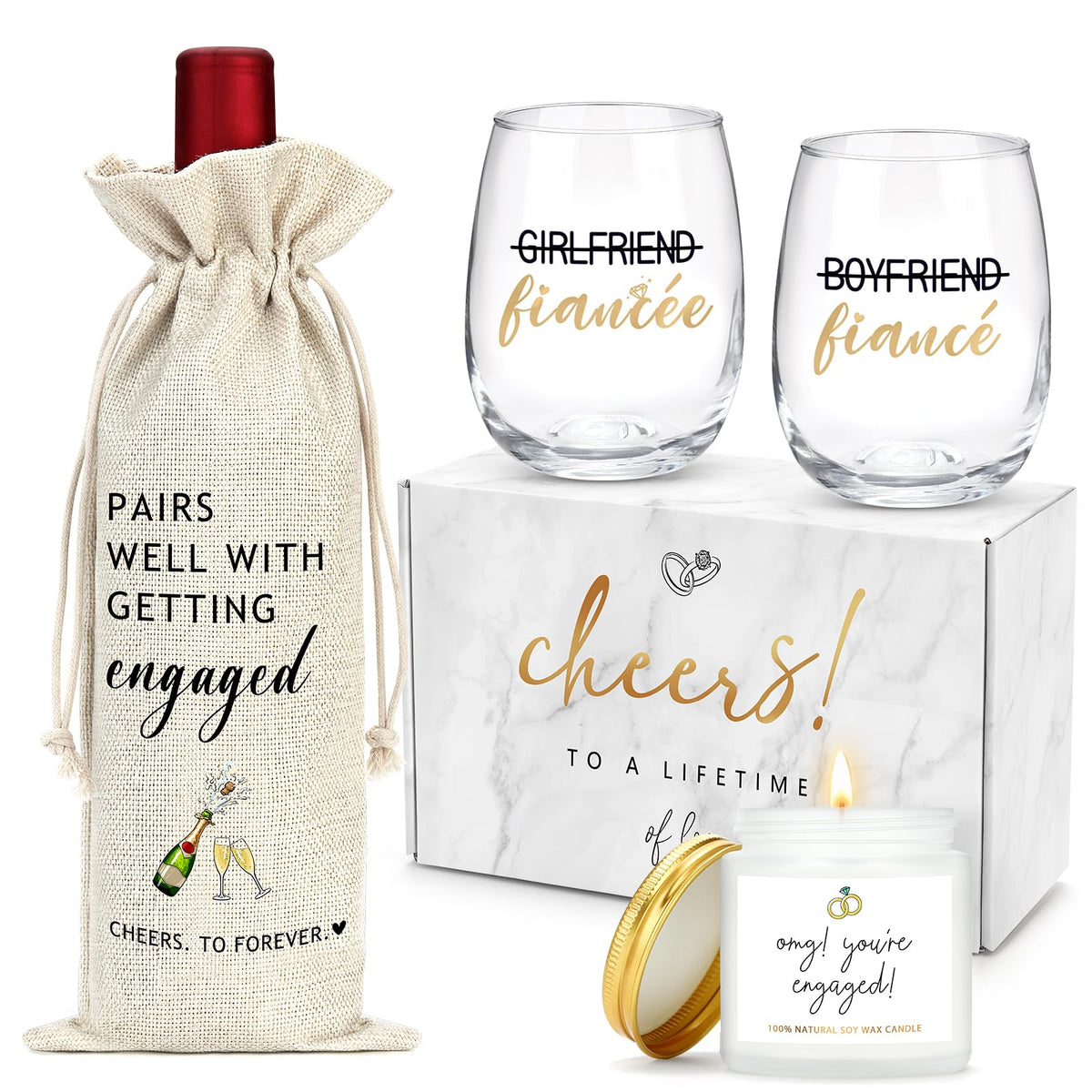 Two 15-ounce wine glasses included in engagement gift set