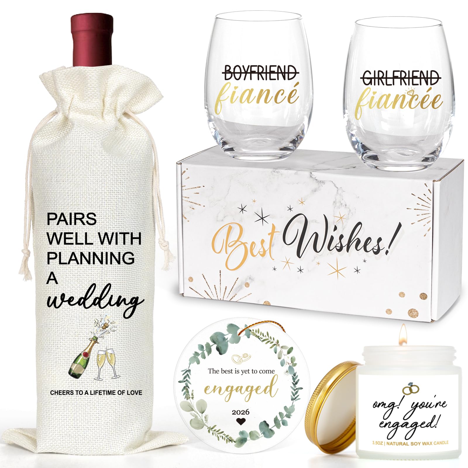 Engagement gifts for couples wine glasses set 2x15oz