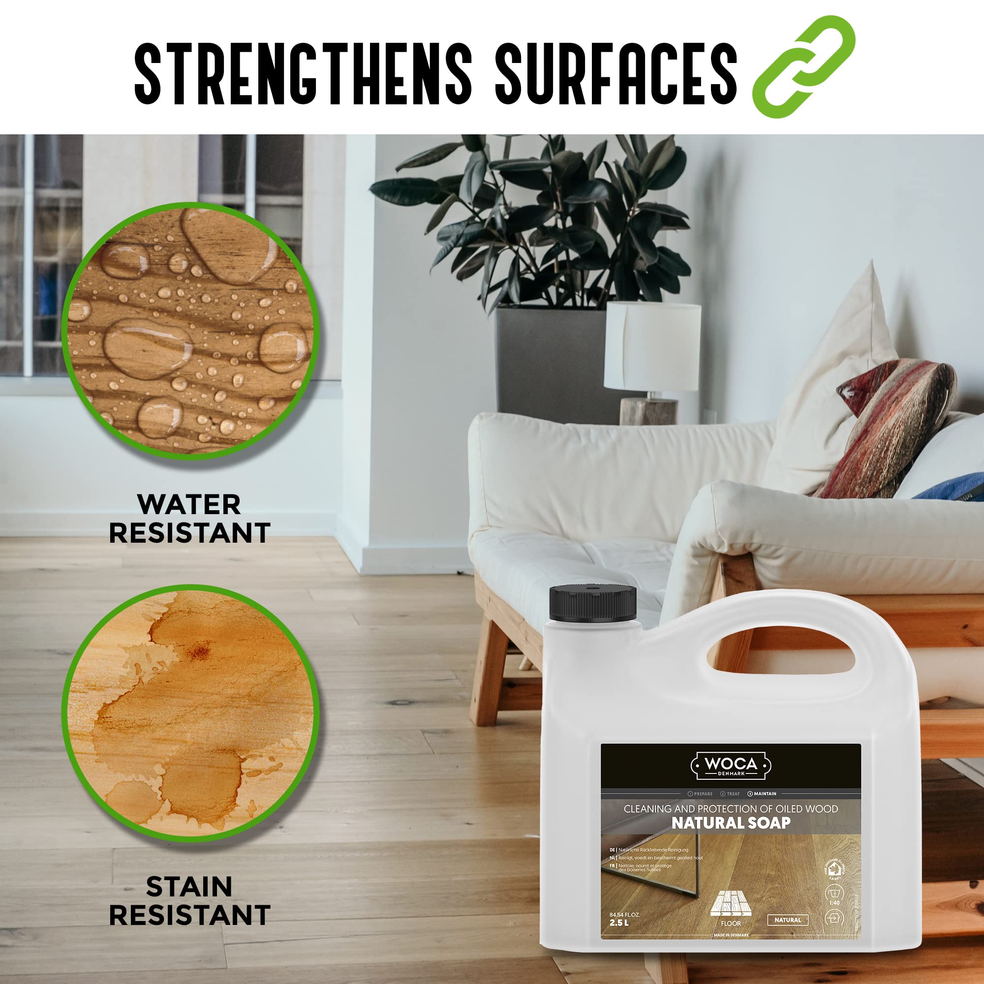 Softwood indoor surfaces cleaned with WOCA soap