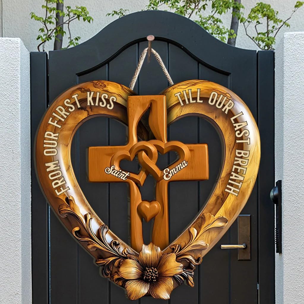 Engraved cross on wooden sign for Christian home decor