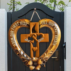Engraved cross on wooden sign for Christian home decor