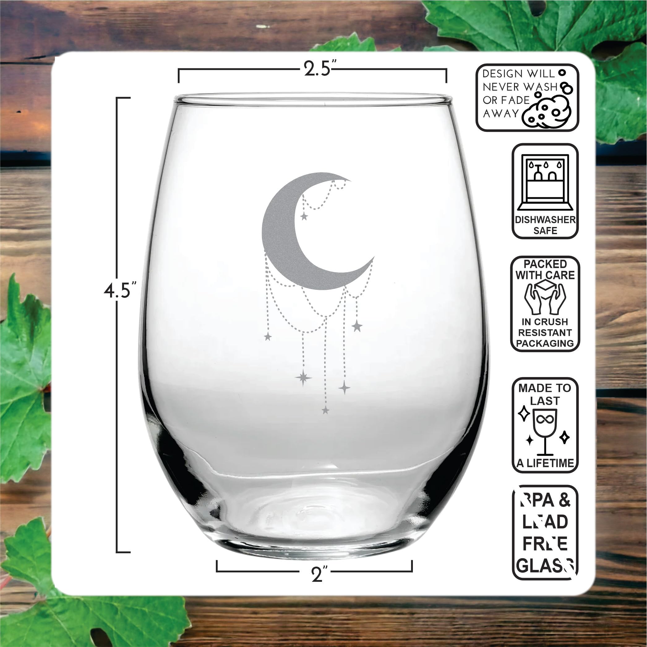 Engraved stemless wine glass featuring crescent moon and crystals