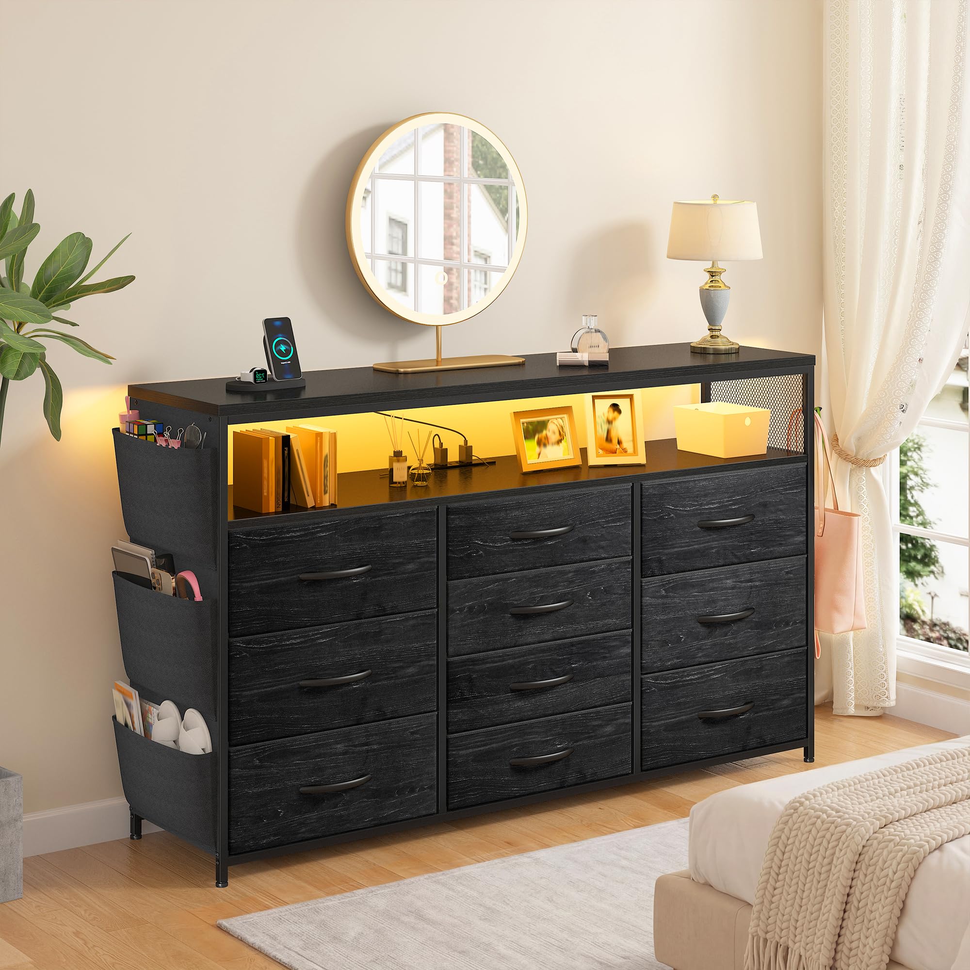 LED lighting feature on dresser with multiple colors