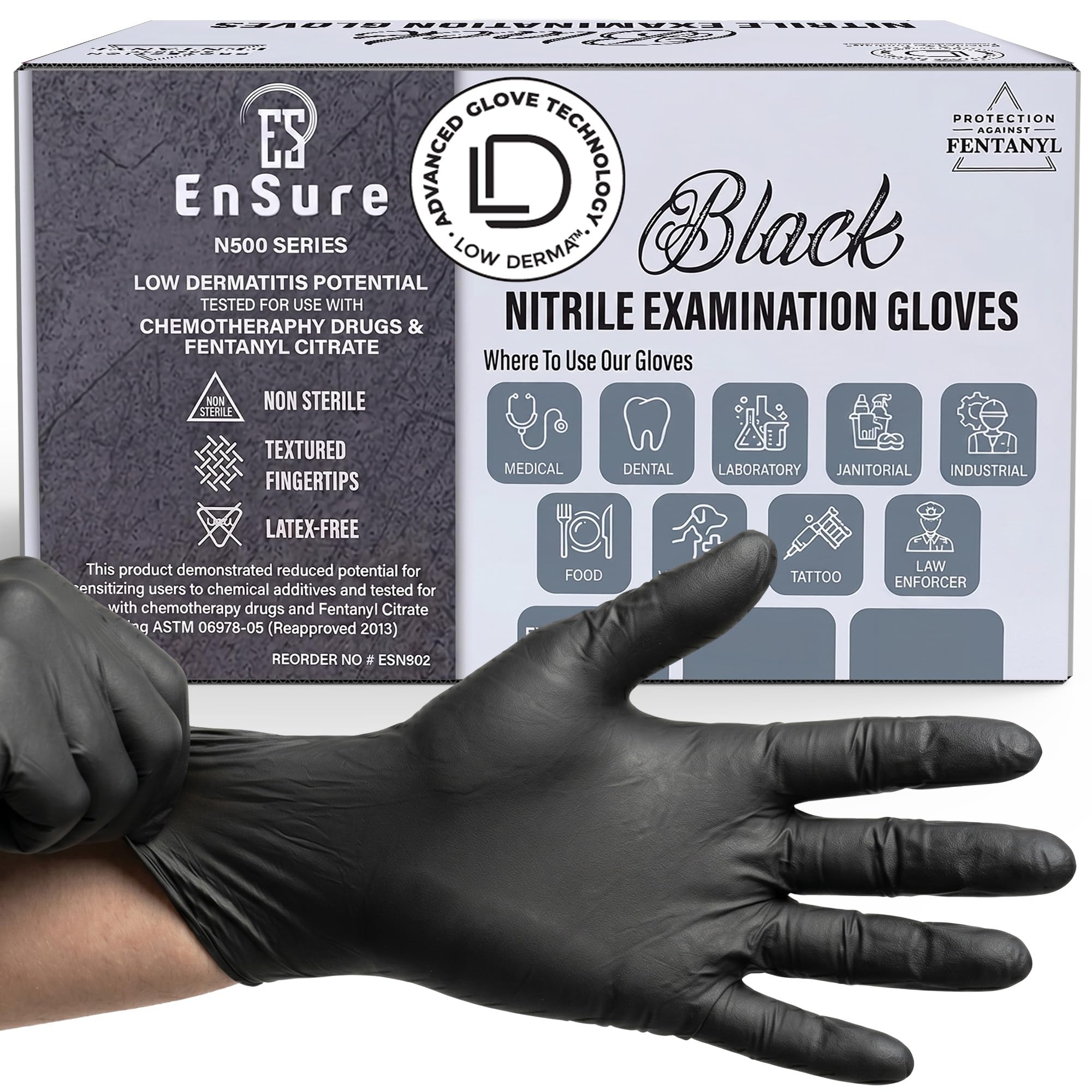 Ensure Black Nitrile Gloves 5 mil latex free for medical use