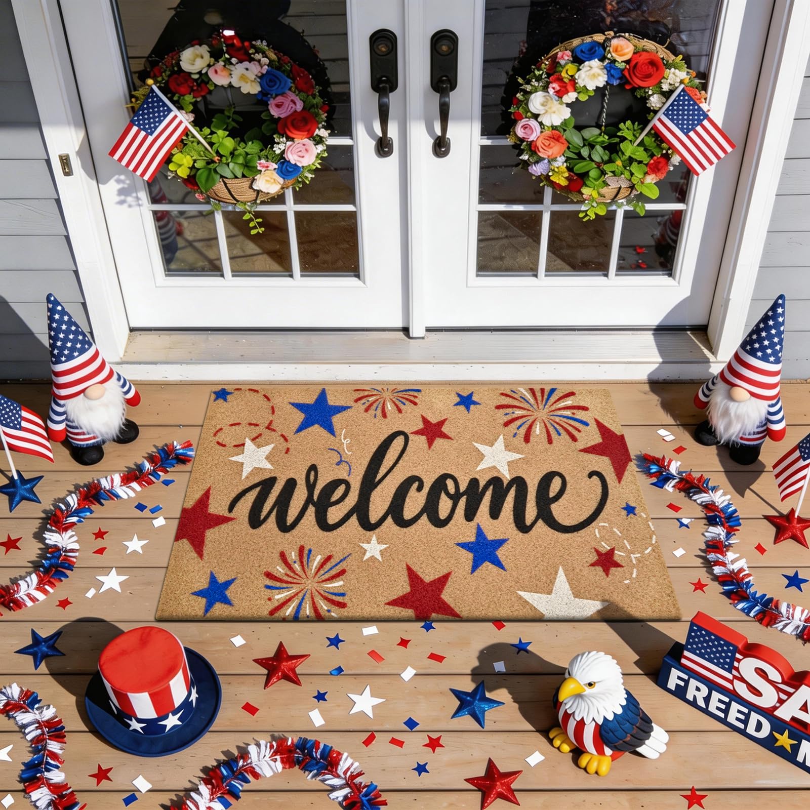 Entryway mat with red white blue stars welcome
