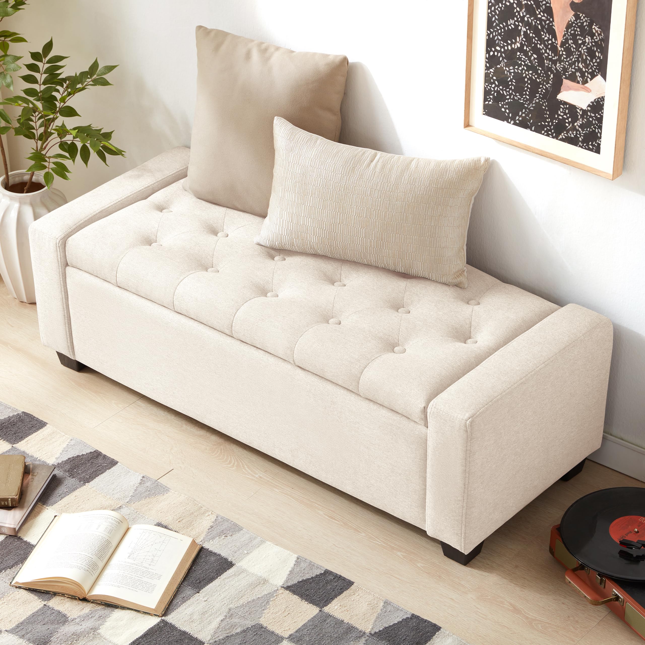 Dual hinges on storage ottoman lid