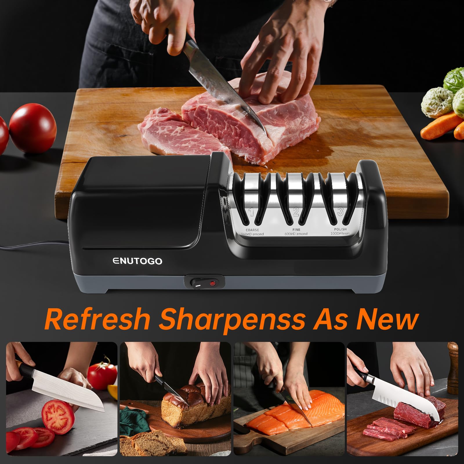 Ergonomic handle and four anti-slip feet on Enutogo Sharpener