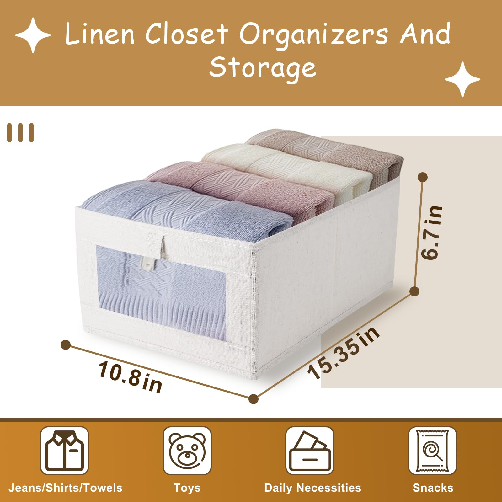 Beige linen storage bin with clear panel for visibility