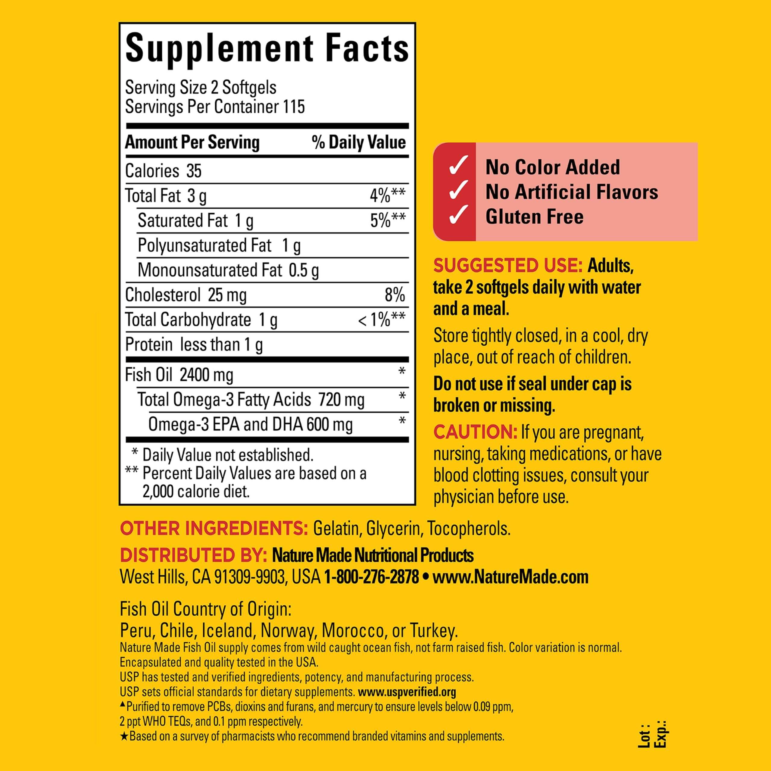 Purified to remove mercury Nature Made fish oil softgels packaging
