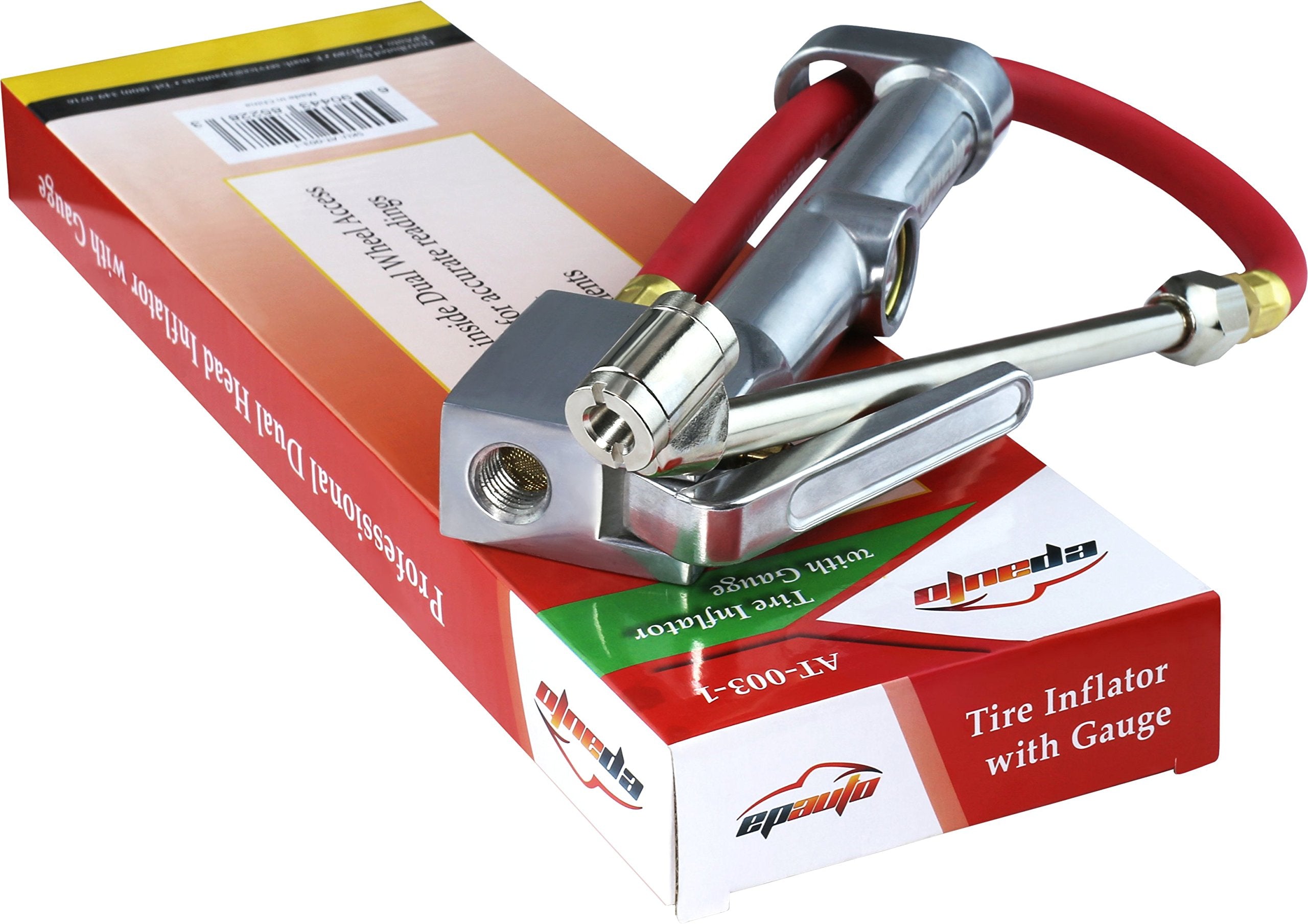 Inflator gauge for tires EPAuto with air hose and dual head features