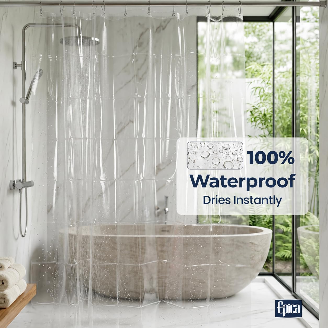 Epica shower liner with metal grommets in bathroom