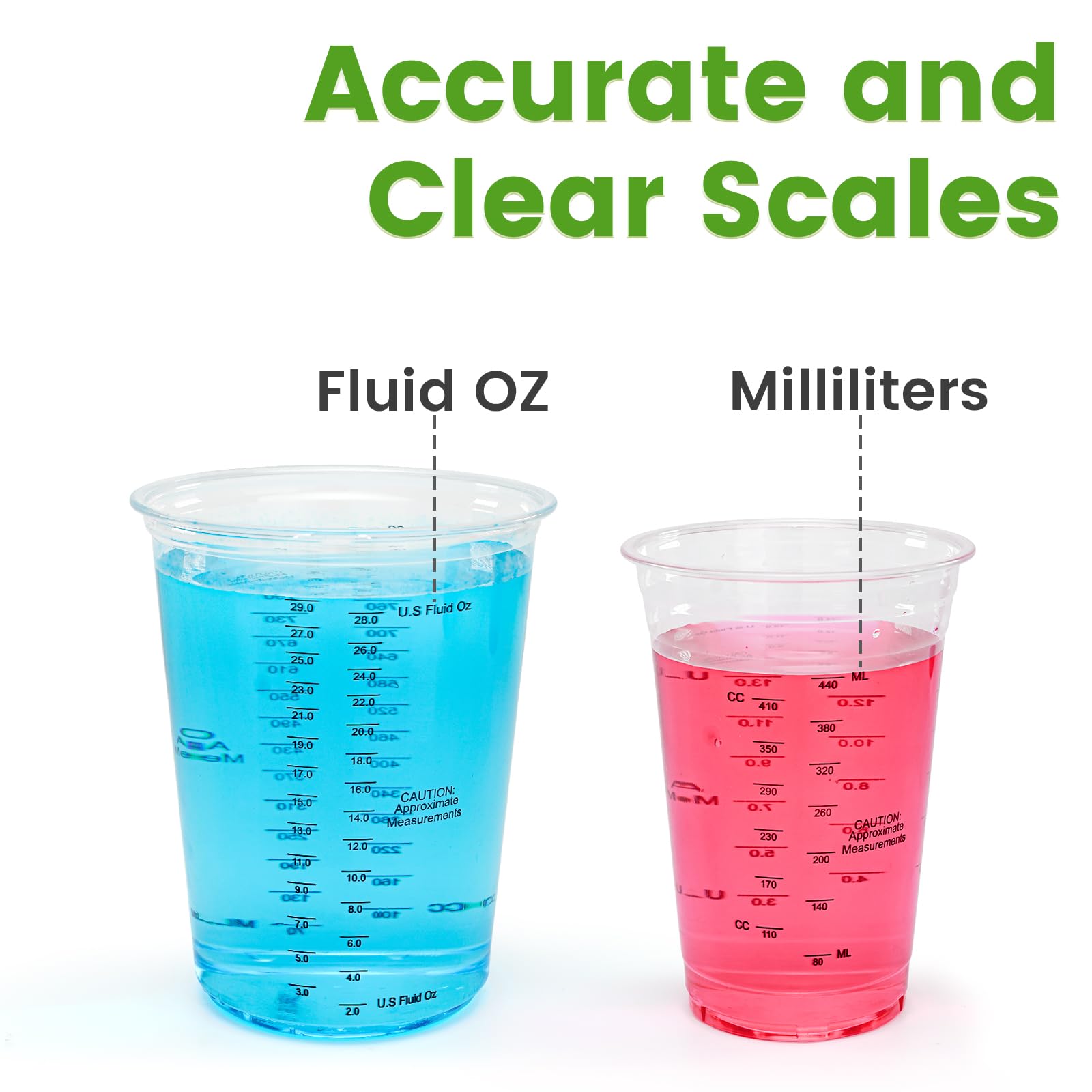 Clear thick plastic resin measuring cups with oz and ml scales