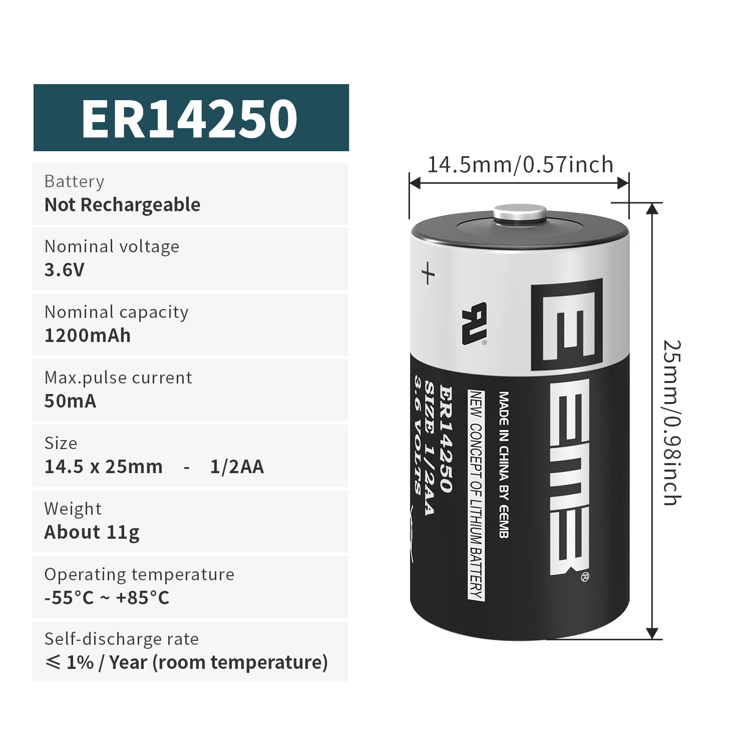 ER14250 Li-SOCl2 non rechargeable battery 1200mAh
