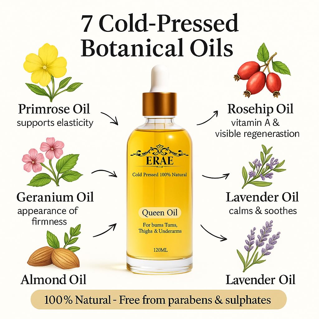 Erae Queen Oil 4 oz body oil label close up
