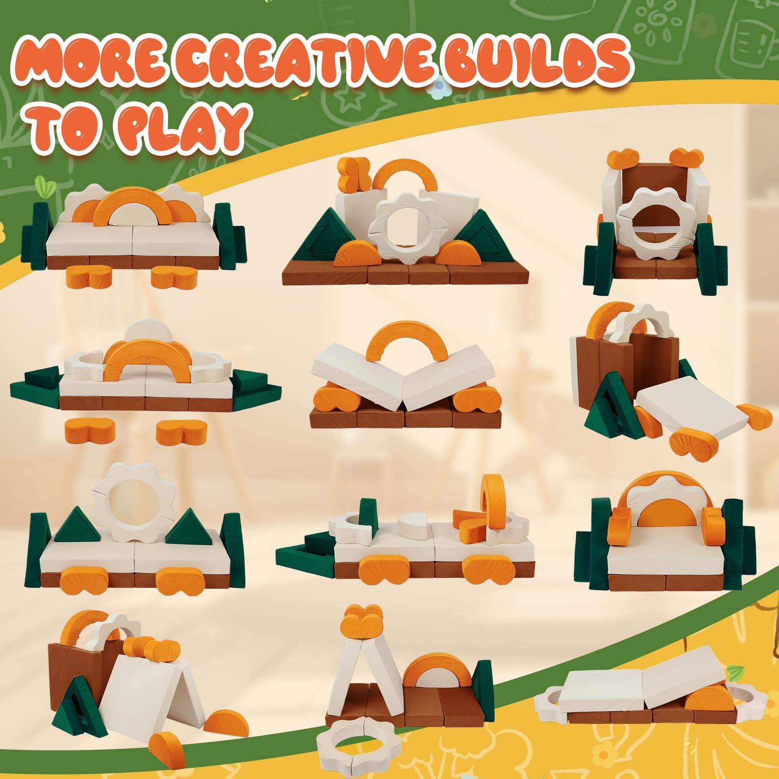 Kids playing with modular couch pieces to form different shapes